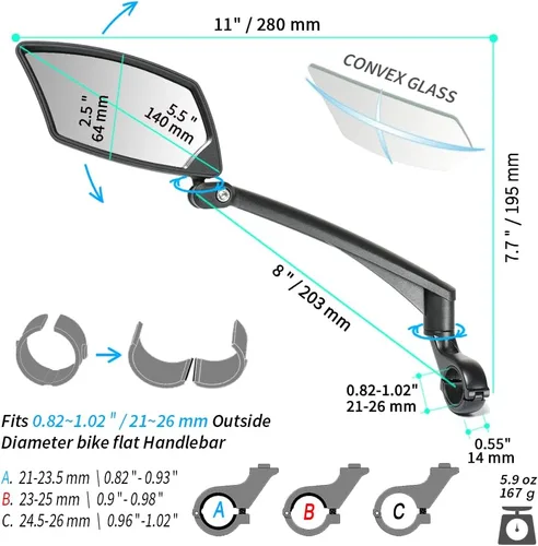 Miniatura 5 de BriskMore Espejo de bicicleta para manillar - Cristal HD transparente, espejo ajustable y plegable de 360° para una conducción segura, gran angular