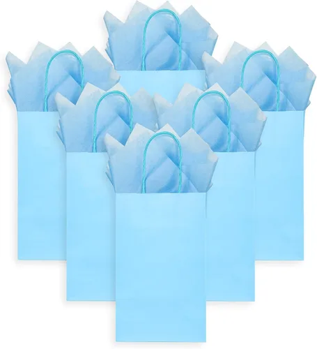 Miniatura 5 de DjinnGlory Paquete de 24 pequeñas bolsas de regalo de papel azul con asas de 9 x 5.5 x 3.15 pulgadas y 24 papel de regalo de seda para negocios