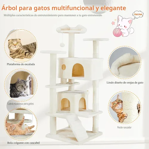 Miniatura 4 de Sweetcrispy Torre de árbol para gatos de 54 pulgadas, torre de varios niveles con poste rascador para gatos, condominio interior para gatos con Gris