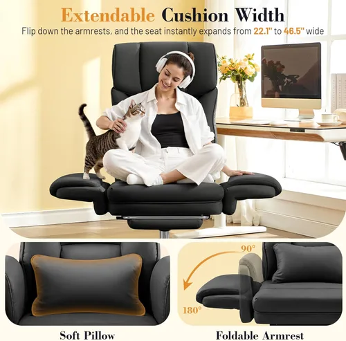 Miniatura 4 de FelixKing Silla de oficina grande y alta, silla ejecutiva de cuero ancho de 400 libras, reposabrazos reversible para mascotas con piernas cruzadas