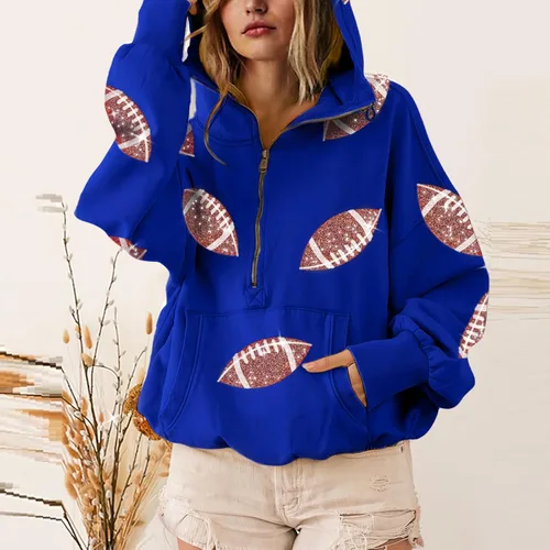 Miniatura 28 de SeekMe Sudaderas con capucha de lentejuelas para mujer, para el día del partido, suéteres de manga larga con cremallera y bolsillo