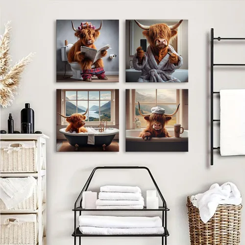 Miniatura 4 de Decoración de pared de vaca de las tierras altas de baño, arte de pared de vaca rústica, animales de cuerno largo, imágenes de bañera, impresiones