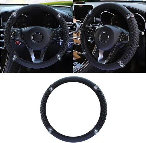 Miniatura 14 de Funda de cuero suave para volante, 15 pulgadas, con diamantes de imitación coloridos y elásticos para mujeres y niñas, accesorios de automóvil