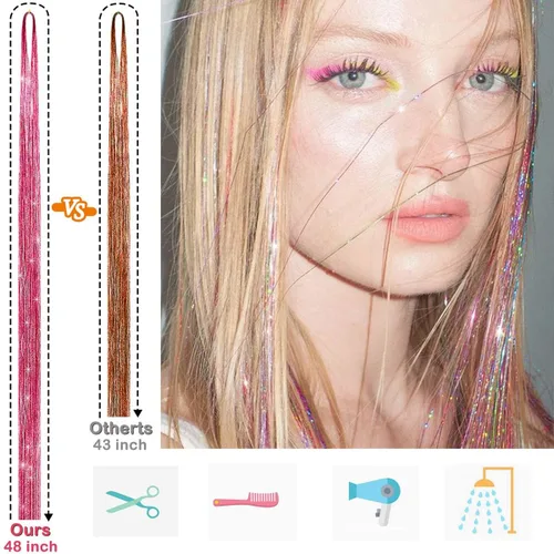 Miniatura 3 de Kit de oropel para el cabello, 18 colores de 48 pulgadas, extensiones de cabello de oropel de hadas resistentes al calor con herramientas, CC