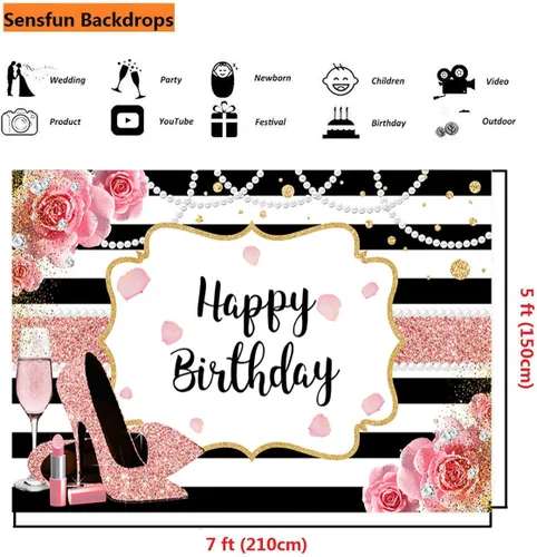 Miniatura 4 de Sensfun Cartel de fondo de feliz cumpleaños floral rosa de 7 x 5 pies para mujer, fondo de fotografía de tacón alto dorado rosa con purpurina