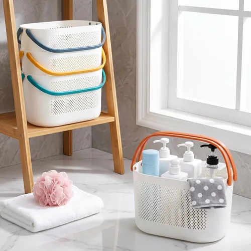 Miniatura 6 de AVLA Paquete de 4 cestas portátiles para ducha, cestas de almacenamiento de plástico con asas, organizador de artículos de tocador de drenaje, bolsa