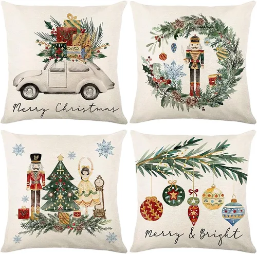 Juego de 4 fundas de cojín navideñas de 18 x 18 pulgadas, Feliz Navidad árbol coche vintage cascanueces adorno corona beige Navidad invierno