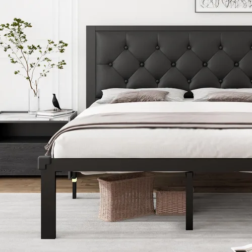 iPormis Marco de Cama de Metal Completo, Marco de Cama Plataforma de Cuero Sintético con Cabecera Capitoné con Botones, 12" de Espacio Bajo la Cama,