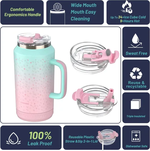 Miniatura 2 de Hydraful Vaso de 64 onzas con asa y pajilla, 100% a prueba de fugas, vaso aislado reutilizable, botella de agua grande de acero inoxidable, taza