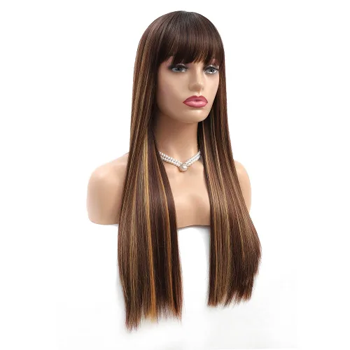 Miniatura 7 de Pelucas rubias con reflejos para mujer, peluca larga y lacia con flequillo, cabello Remy suave y sedoso, resistente al calor, pelucas de fibra