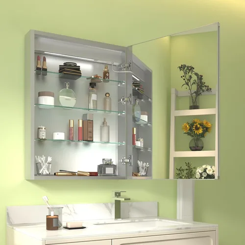 Miniatura 2 de Botiquín iluminado de 24 x 32 pulgadas, botiquín empotrado o de superficie, pantalla de temperatura del reloj y habitación, desempañado, atenuación