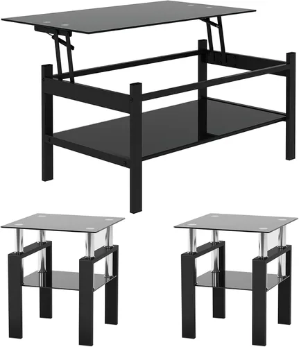 Juego de 3 mesas auxiliares y mesa auxiliar de cristal, diseño clásico de 2 niveles, parte superior de vidrio templado y patas de metal sólido, uso
