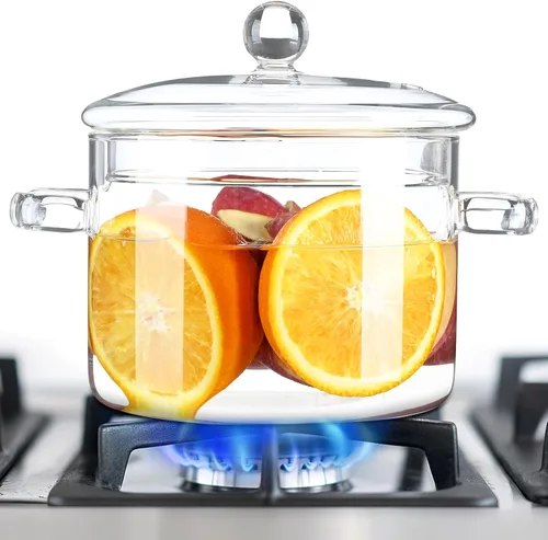 Ollas de vidrio para cocinar en la estufa, olla a fuego lento de 1.5L/50 onzas con tapa, alto borosilicato, olla de vidrio de seguridad resistente