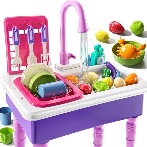 JUKUDAHU Fregadero de juegos con agua corriente, fregadero de juguetes de cocina para niños de 3, 4, 5, 6, 7 años, lavavajillas eléctrico, juego de