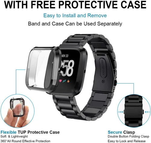 Miniatura 2 de Maxjoy Compatible con Fitbit Versa Bands, Versa 2 banda de metal grande de acero inoxidable pulsera con funda protectora para hombres y mujeres