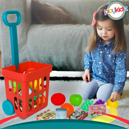 Miniatura 7 de Playkidz Juego de carrito de compras de juguete, juguetes de plástico para alimentos, juego interactivo, recursos de aprendizaje y diversión