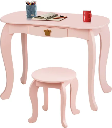 Miniatura 9 de Costzon Juego de Mesa y Silla de Tocador para Niños, Mesa de Maquillaje Princesa con Cajón y Espejo de Tres Pliegues, Juego de Tocador 2 en 1