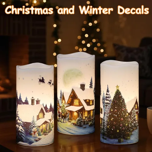 Miniatura 4 de GenSwin Velas de Navidad sin llama con temporizador remoto, juego de 2 velas LED de Navidad que funcionan con pilas con casa de nieve, Papá Noel