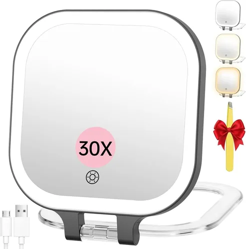 FASCINATE Espejo de maquillaje de viaje recargable con aumento de 30X, espejo de tocador portátil iluminado de 7 pulgadas con iluminación de 3