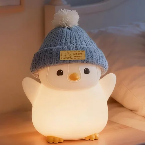 Miniatura 10 de Luz nocturna de silicona de pingüino, bonita lámpara de pingüino rosa con sombrero, luz nocturna de guardería para bebé, recargable/regulable, Bebé
