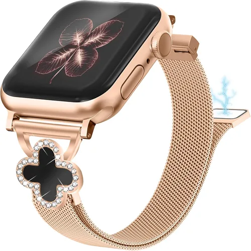 Miniatura 9 de Joyozy Correa delgada de metal compatible con Apple Watch de 38mm 40mm 41mm 42mm 44mm 45mm 46mm 49mm, correa magnética delgada con adornos Dorado