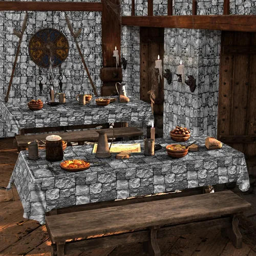 Miniatura 6 de Mantel medieval de pared de piedra de ladrillo con caja cortadora, fundas de mesa de plástico desechables, fondo gris antiguo, fondo gris antiguo
