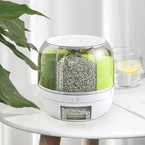 Miniatura 9 de DYRABREST Dispensador de arroz, dispensador de cereales giratorio de 360°, dispensador de almacenamiento de granos multigrano redondo de 6 rejillas