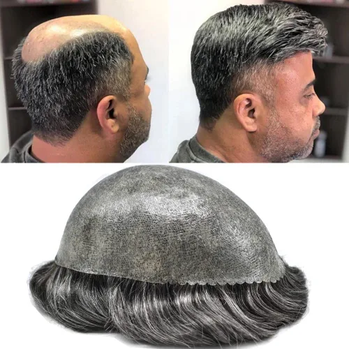 Miniatura 23 de Sistema de cabello humano tipo tupé para hombre, tupé gris, piezas de cabello completo de poliéster para hombres, tupé de inyección de poliuretano