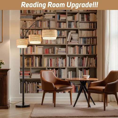Miniatura 9 de Lámpara de pie de ratán para sala de estar, lámpara de pie boho de 80 pulgadas de altura con interruptor giratorio, lámpara de arco de 3 luces