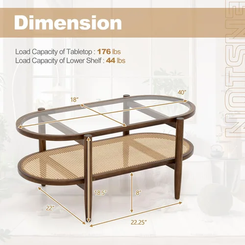 Miniatura 2 de Giantex Mesa de centro de ratán, mesa de té de madera ovalada de 2 niveles con mesa de vidrio templado y estante de almacenamiento de ratán de Negro