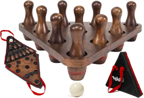Juego de alfileres de bolos de tejo con 10 pines de bolos de madera dura de alta calidad, bola de boliche triangular Durabel de resina y bolsa de
