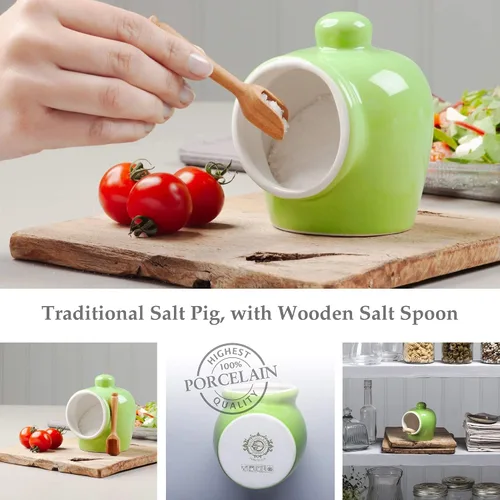 Miniatura 2 de WM Bartleet & Sons 1750 T345G Cerdo pequeño de porcelana tradicional con cuchara de servir de sal de madera, color verde