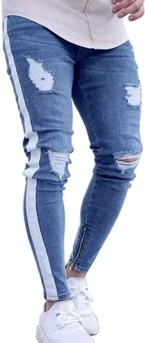 HUNGSON Pantalones de mezclilla ajustados para hombre elásticos rasgados rasgados con rayas laterales Azul