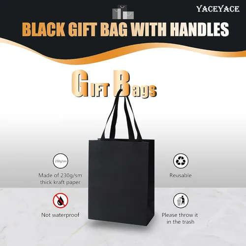 Miniatura 5 de Bolsas de regalo negras a granel, 20 bolsas de regalo de papel negro medianas de 8 x 4.25 x 10.5 pulgadas con asas de cinta, bolsas de regalo