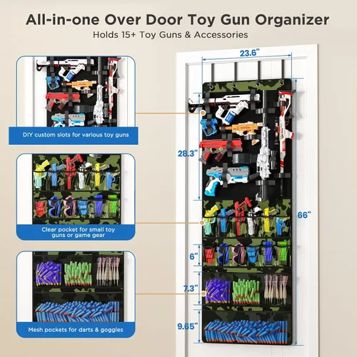 Miniatura 4 de Organizador sobre la puerta para pistolas de juguete, organizador de almacenamiento de pistolas de juguete con bolsillos y ranuras para niños, Verde