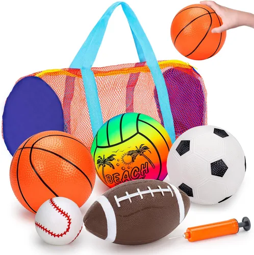 5 Pack Set de pelotas deportivas para niños con bolsa, juguetes al aire libre para niños de 1 a 3 años, fútbol, baloncesto, béisbol, voleibol,