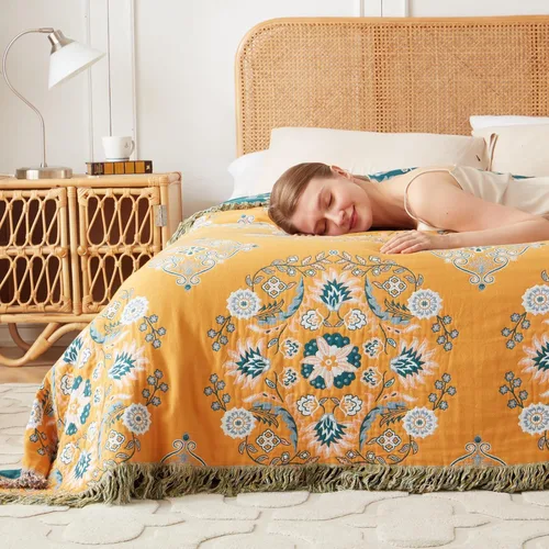 Miniatura 7 de Cobija para cama de estilo bohemio, 100 % algodón, ultra suave, edredón rústico, cobija de otoño, estampado floral, cobija grande rústica para sofá