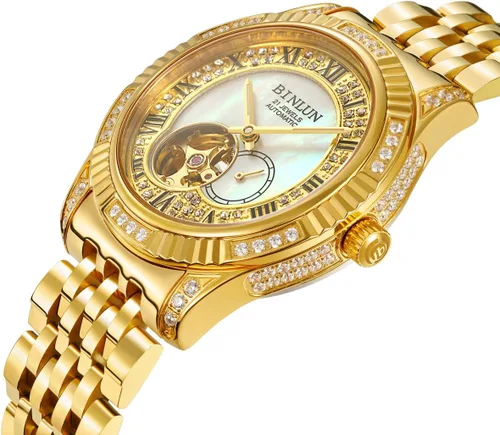 Miniatura 15 de BINLUN Reloj de pulsera para hombre, mecánico automático, reloj dorado con cuerda automática, elegante, chapado en oro de 18 quilates, relojes
