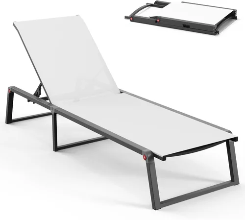 Silla de Salón de Aluminio para Exterior, Sillas de Salón Plegables y sin Montaje para Patio y Piscina, Silla Reclinable de 5 Posiciones para Blanco