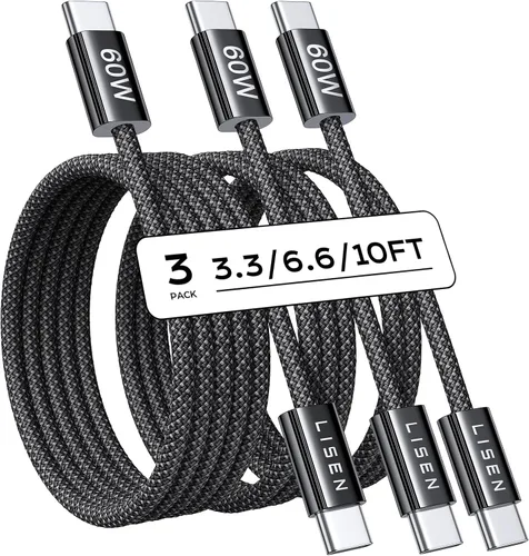 Miniatura 24 de LISEN Cable USB C a USB C, paquete de 5 [3.3/3.3/6.6/6.6/10 pies] para iPhone 17, cable C a C de carga rápida para iPad, iPhone 16 15 Pro Max, Negro