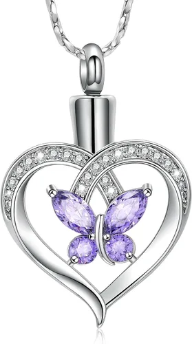 Miniatura 15 de Imrsanl Collares de urna de mariposa para mujeres y niñas, joyería de cremación con piedra natal, colgante para cenizas humanas, medallón