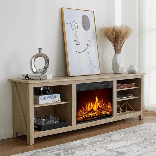 Miniatura 11 de AMERLIFE Soporte de TV con chimenea, centro de entretenimiento con textura de madera con chimenea eléctrica de 23 pulgadas, soporte