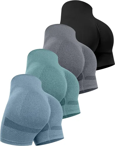 Miniatura 10 de CHRLEISURE Pantalones Cortos de Entrenamiento para Mujer, 4 Paquetes, Cintura Alta, Levantamiento de Glúteos con Fruncido, Pantalones Cortos Booty