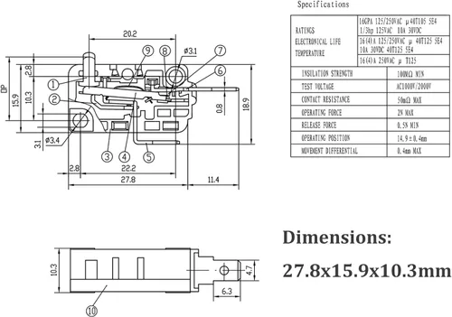 Miniatura 4 de Pieza de repuesto para interruptor de puerta de horno de microondas, 16A 125VAC, KW3AT-16 (compatible con KW3A-16), normalmente cerrado, 1 unidad