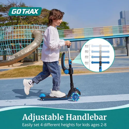 Miniatura 2 de Gotrax KS3 Pro - Monopatín plegable para niños, asiento removible con una sola llave y 3 ruedas PU extra anchas con luces, antideslizante y Azul