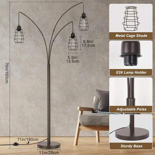 Miniatura 2 de Lámpara de Pie Industrial, Lámpara de Pie de Arco de 3 Luces para Sala de Estar, Lámpara de Pie Alta de 76 Pulgadas con Pantallas de Jaula de Metal