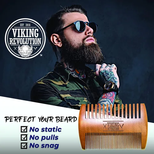 Miniatura 4 de BEST DEAL peine de madera para barba y estuche, acción dual, dientes finos y gruesos, perfecto para utilizar con bálsamos y aceites, peine