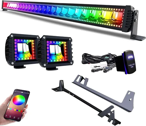 Barra de luz LED RGBW de 52 pulgadas, 300W, combo de inundación y foco, 2 módulos LED RGB de inundación de 4 pulgadas con 16 colores sólidos, anillo