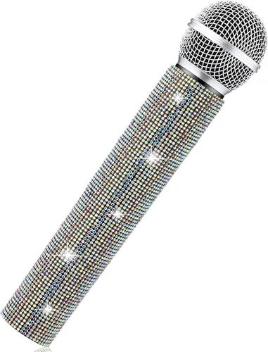 Sanwuta Micrófono falso con diamantes de imitación brillantes, micrófono de juego de plástico con purpurina para disfraz de fiesta de cosplay (color