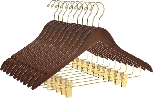 Miniatura 16 de Perchas de madera de calidad para faldas con clips, paquete de 20 perchas de nogal para pantalones con clips de metal dorado ajustables, gancho
